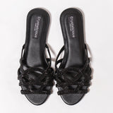 Crystalicious black embellished strappy sandals for women – handcrafted luxury footwear with intricate beadwork and elegant open-toe design. Perfect for evening wear and special occasions.